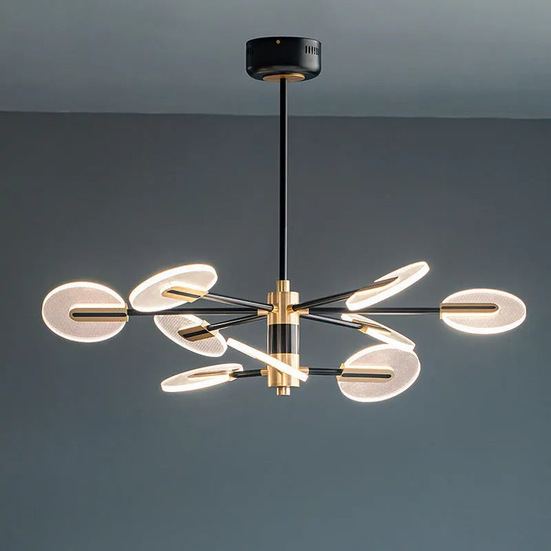 Nordic style iron frame LED chandelier with multiple acrylic lamp shades suspended.