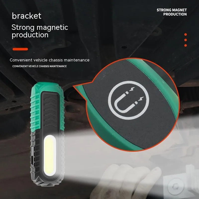 Black and green USB rechargeable auto repair work light with drop-resistant ABS plastic construction