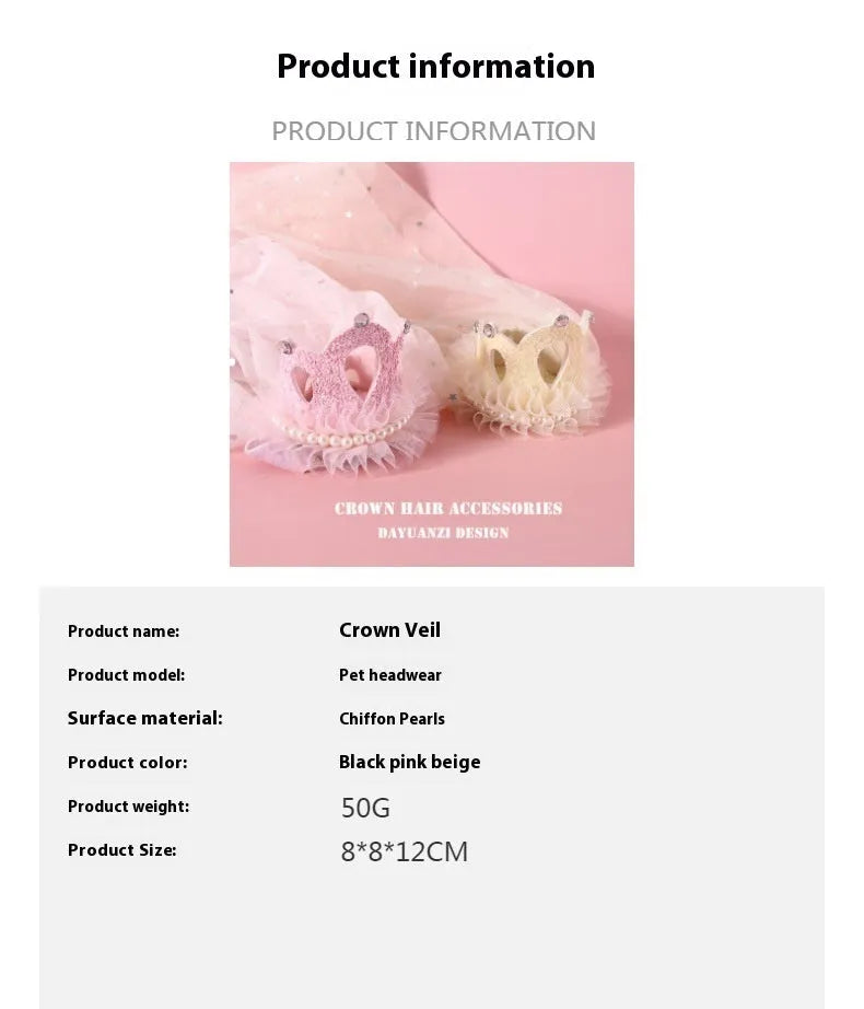 Princess crown headdress for a cat with a beige veil, pet costume accessory
