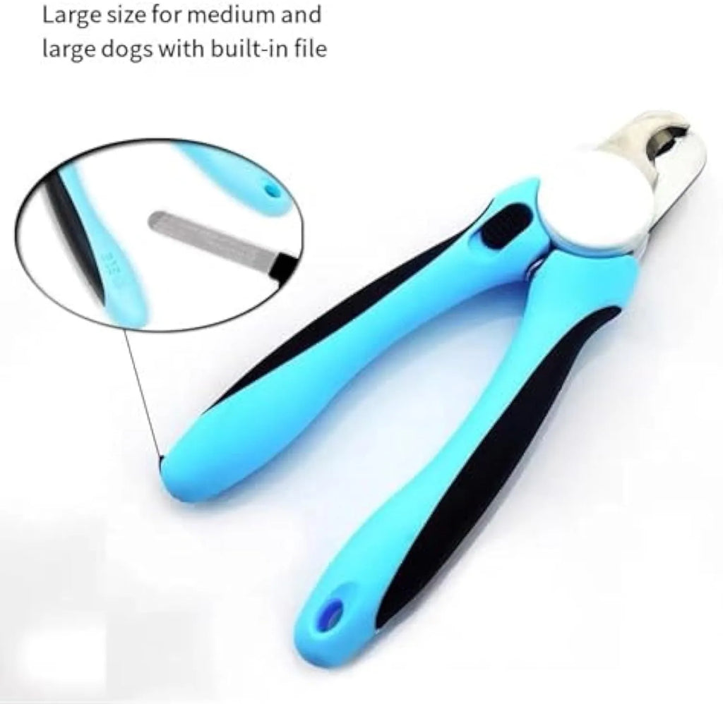 Blue heavy-duty dog nail clippers with safety guard for large breeds, shown with size scale.
