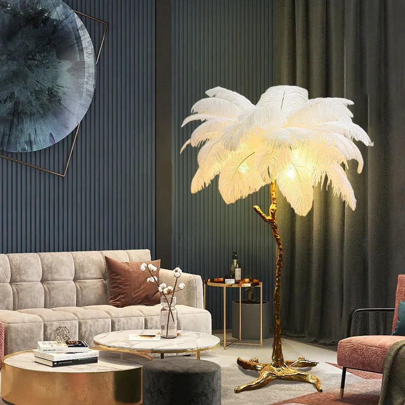 Nordic floor lamp with white feather shade and copper base, 170cm tall, placed in a living room corner