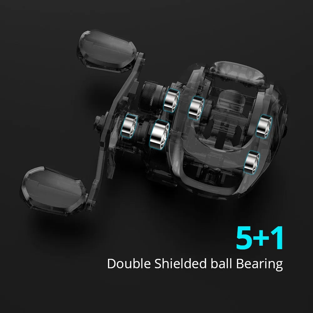 Drip wheel lure fishing reel with rocking wheel line system showing left and right hand wheel configurations