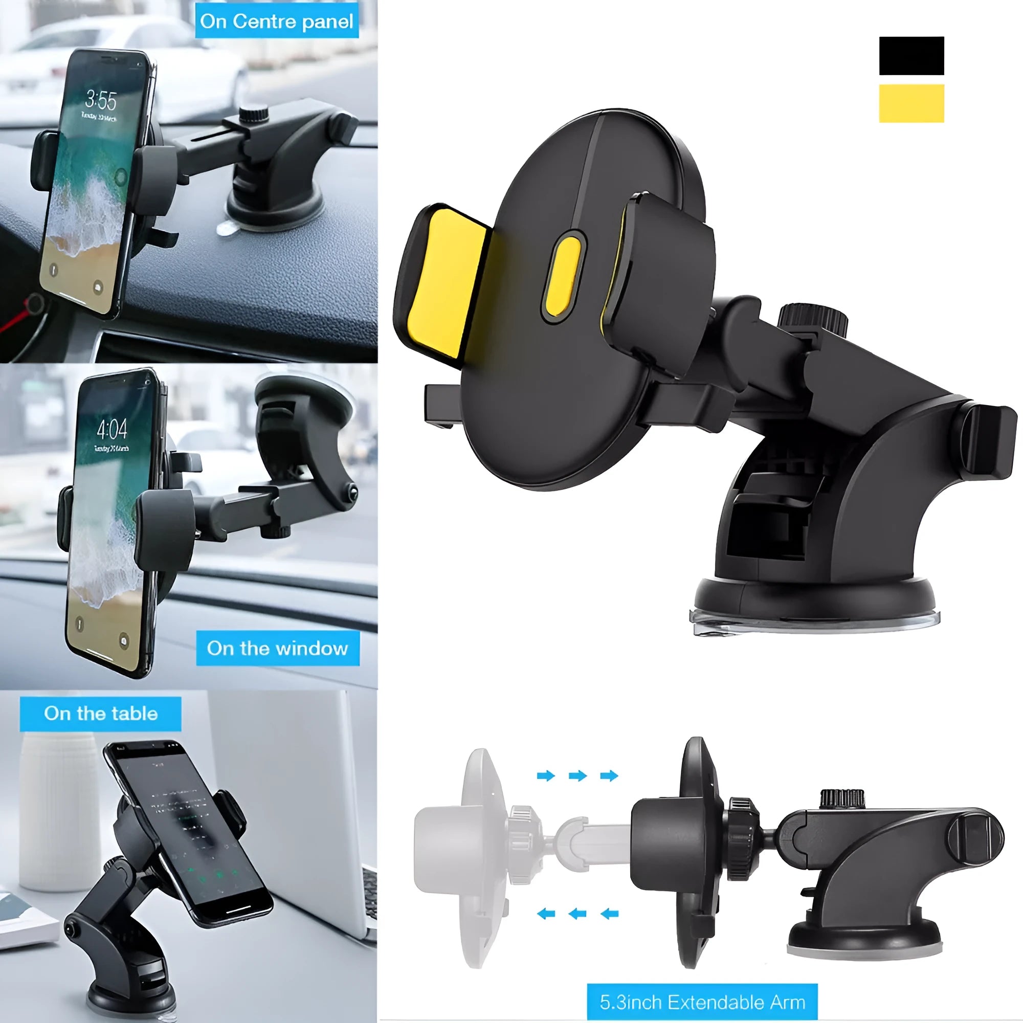 Yellow and black car phone holder with telescopic arm and suction cup mount on a dashboard