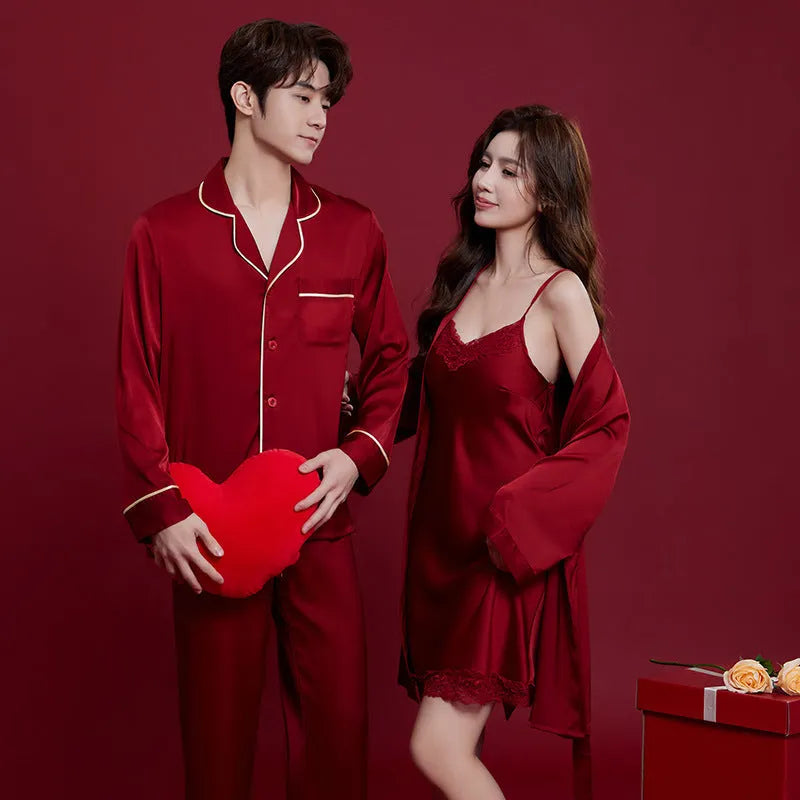 Red polyester sleepwear set for men and women with long sleeves and trousers