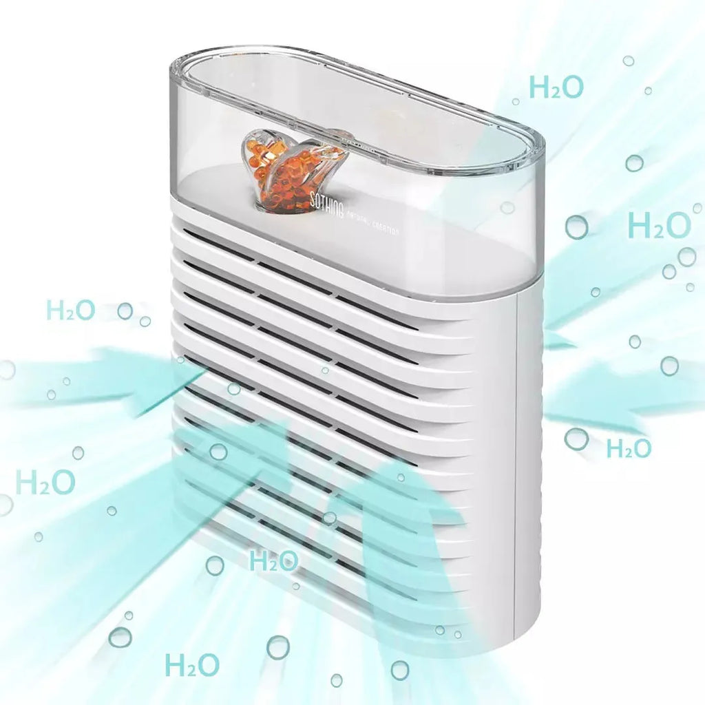 White cabinet dehumidifier box with transparent top showing colour-changing silica gel beads, 150ml capacity
