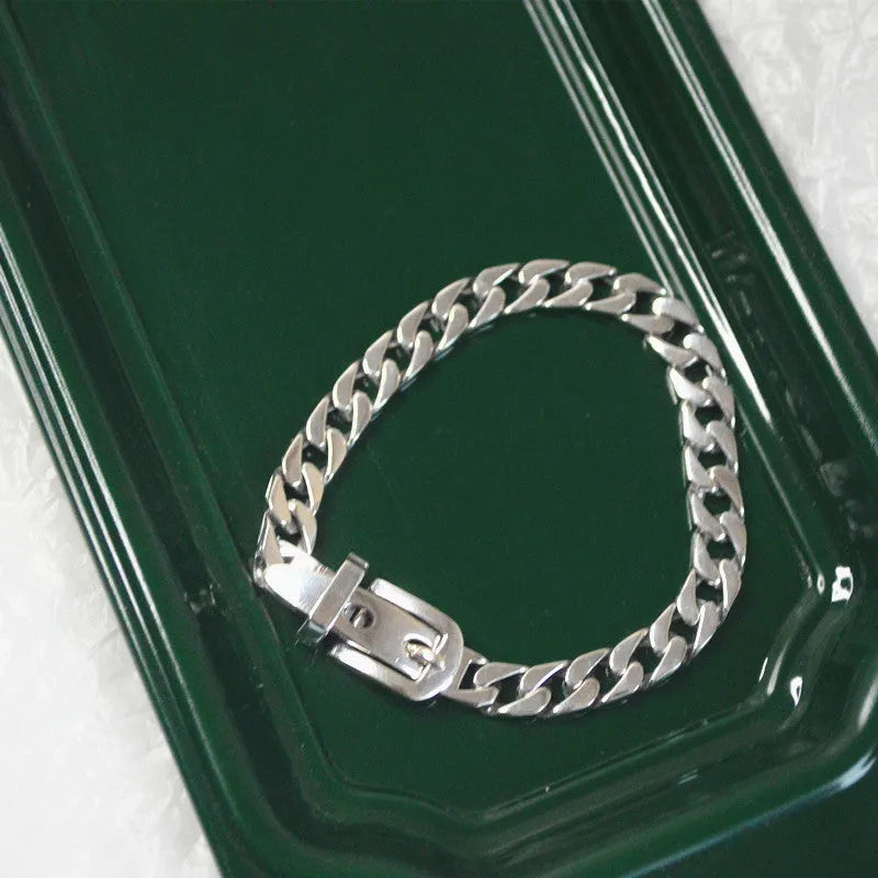 Women's 925 sterling silver geometric chain belt bracelet platinum plated 21cm length 6mm width SL0560