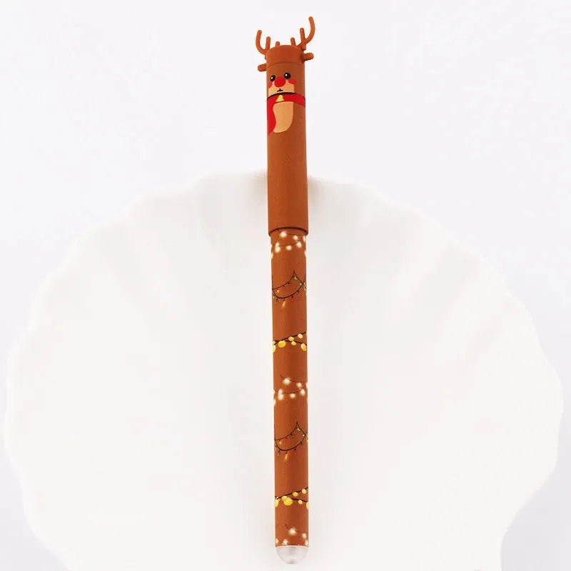 Four Christmas-themed erasable gel pens in a sleeve: Santa, gingerbread man, elk, and snowman designs