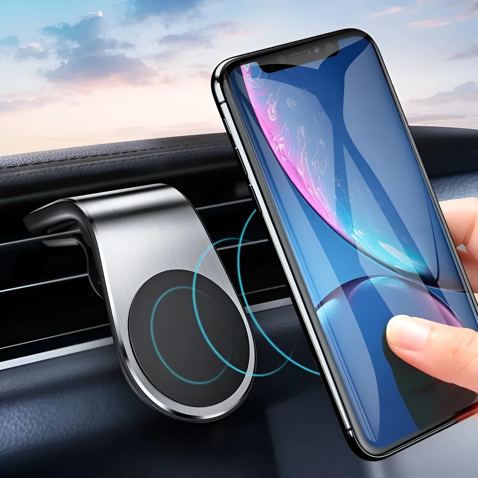 Car bracket phone holder with sticky gel pad in black mounted on car dashboard, universal fit for smartphones