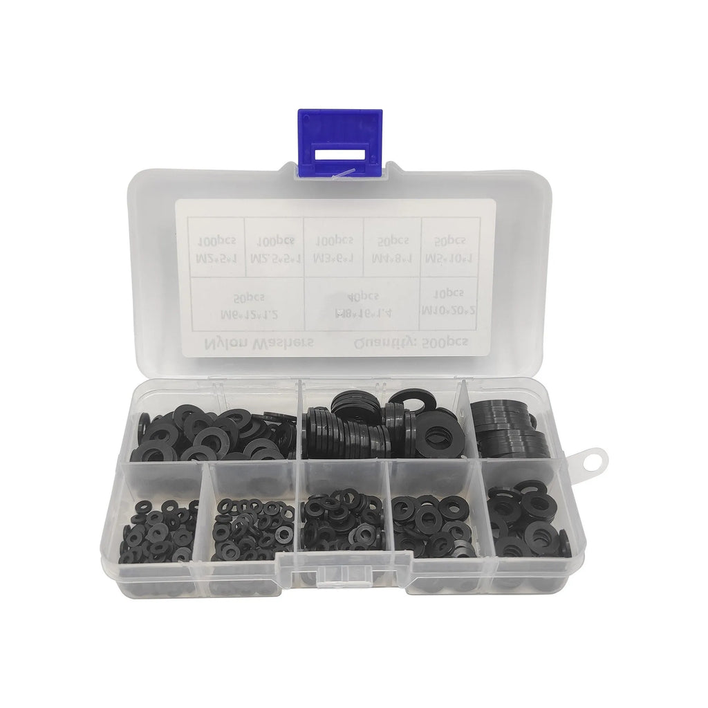 500 black nylon plastic flat gasket washers in metric sizes M2 to M10 in a storage box