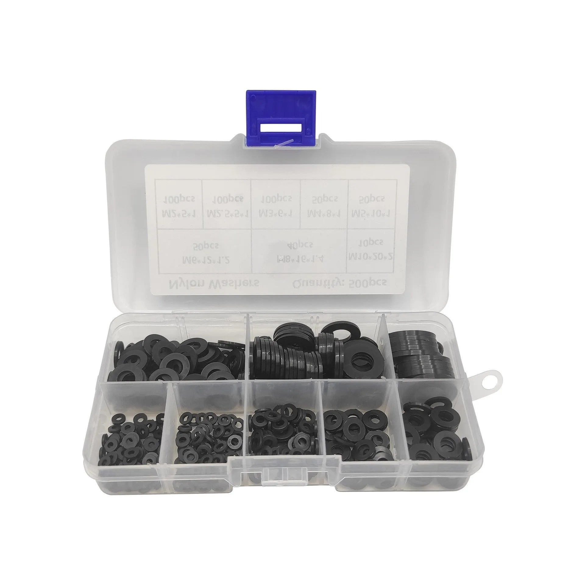 500 black nylon plastic flat gasket washers in metric sizes M2 to M10 in a storage box