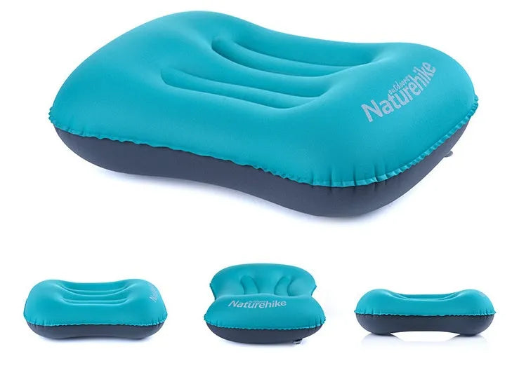 Travel portable inflatable pillow in bright orange with air mouth for camping outdoor sports