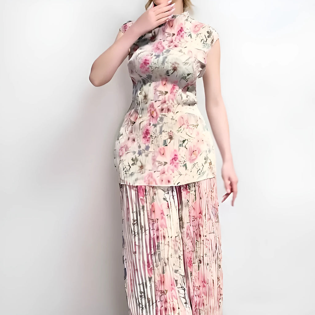 Long sleeve printed chiffon dress and top set in pictured colour on a hanger.