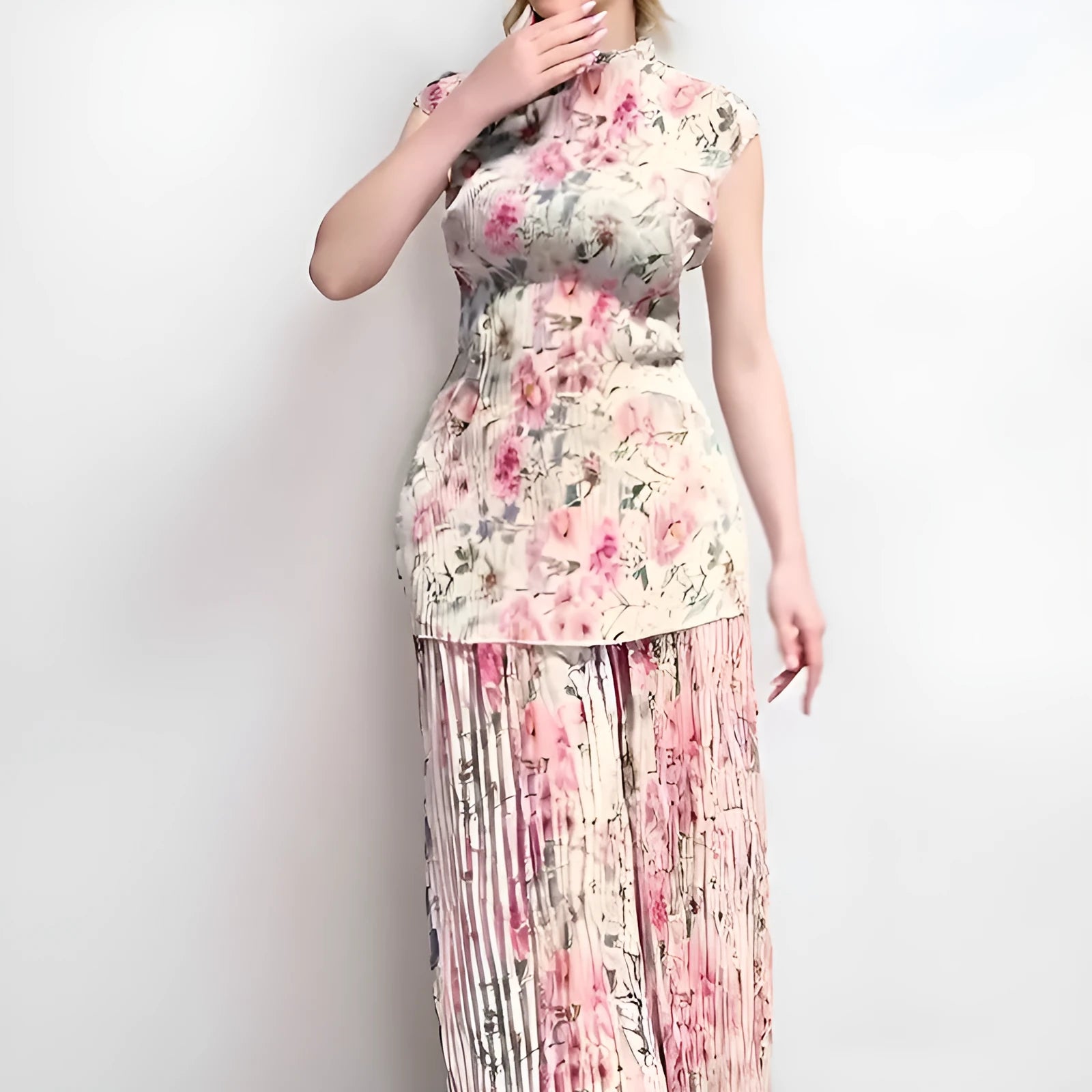 Long sleeve printed chiffon dress and top set in pictured colour on a hanger.