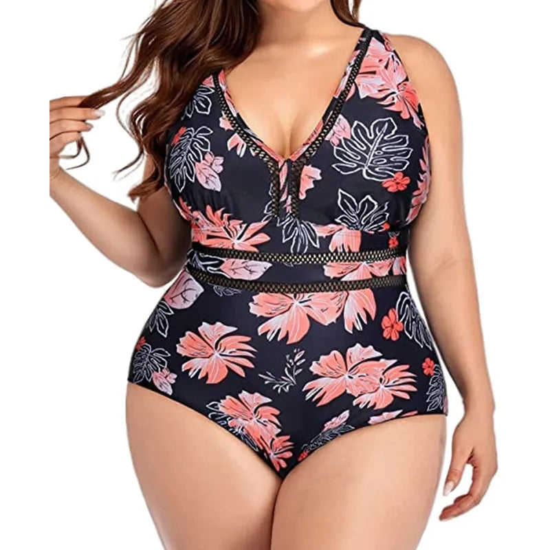 Black printed plus size women's bikini swimsuit with mesh stitching detail.