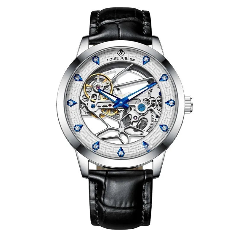 Men's silver stainless steel mechanical watch with black leather strap and white dial