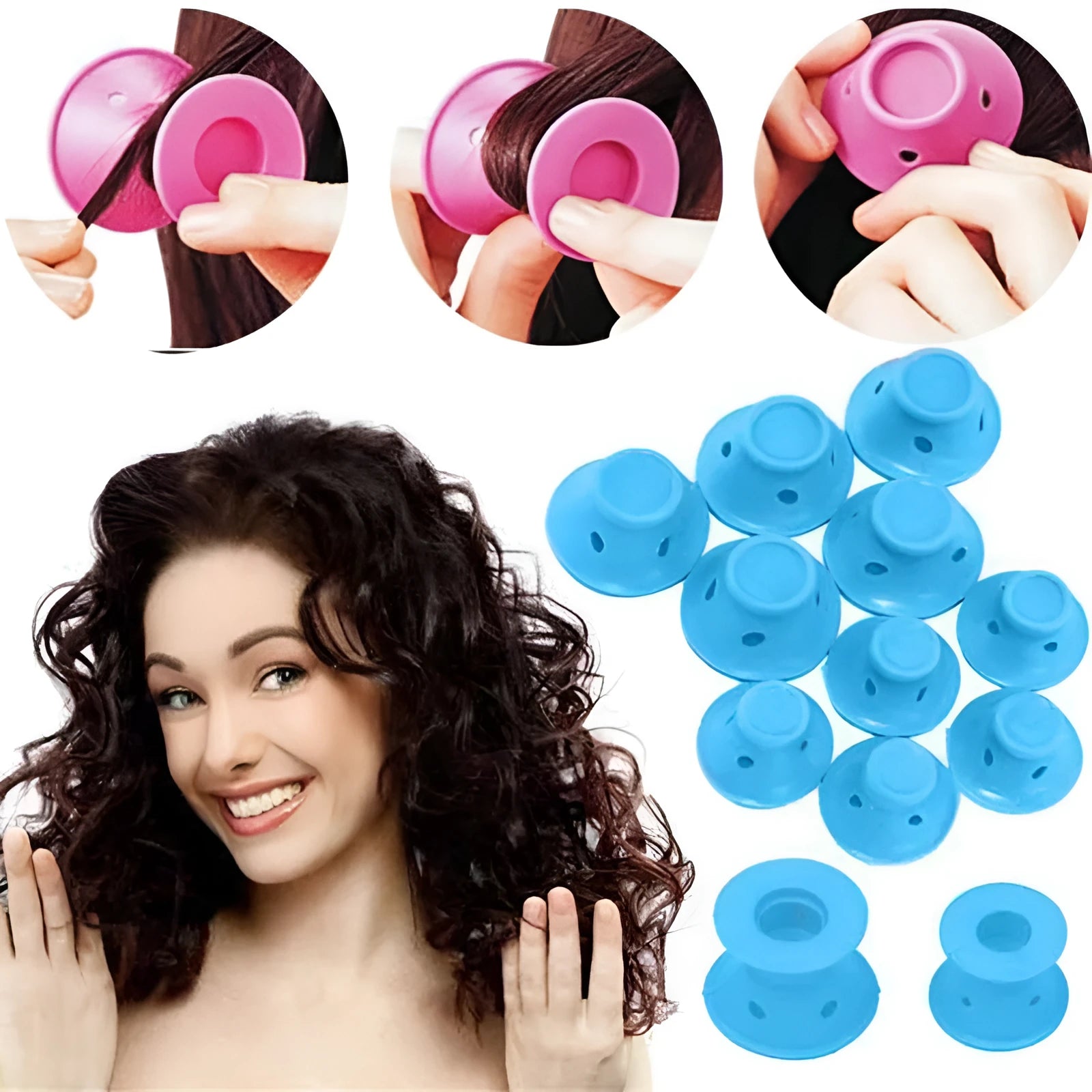 Set of ten soft silicone hair rollers in pink, blue, purple, and black, large 5cm and small 3.9cm diameter