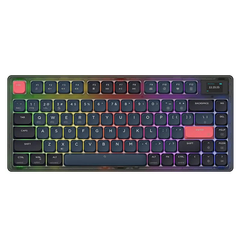 Ajazz AK832PRO green three-mode mechanical keyboard with colour screen on a desk.
