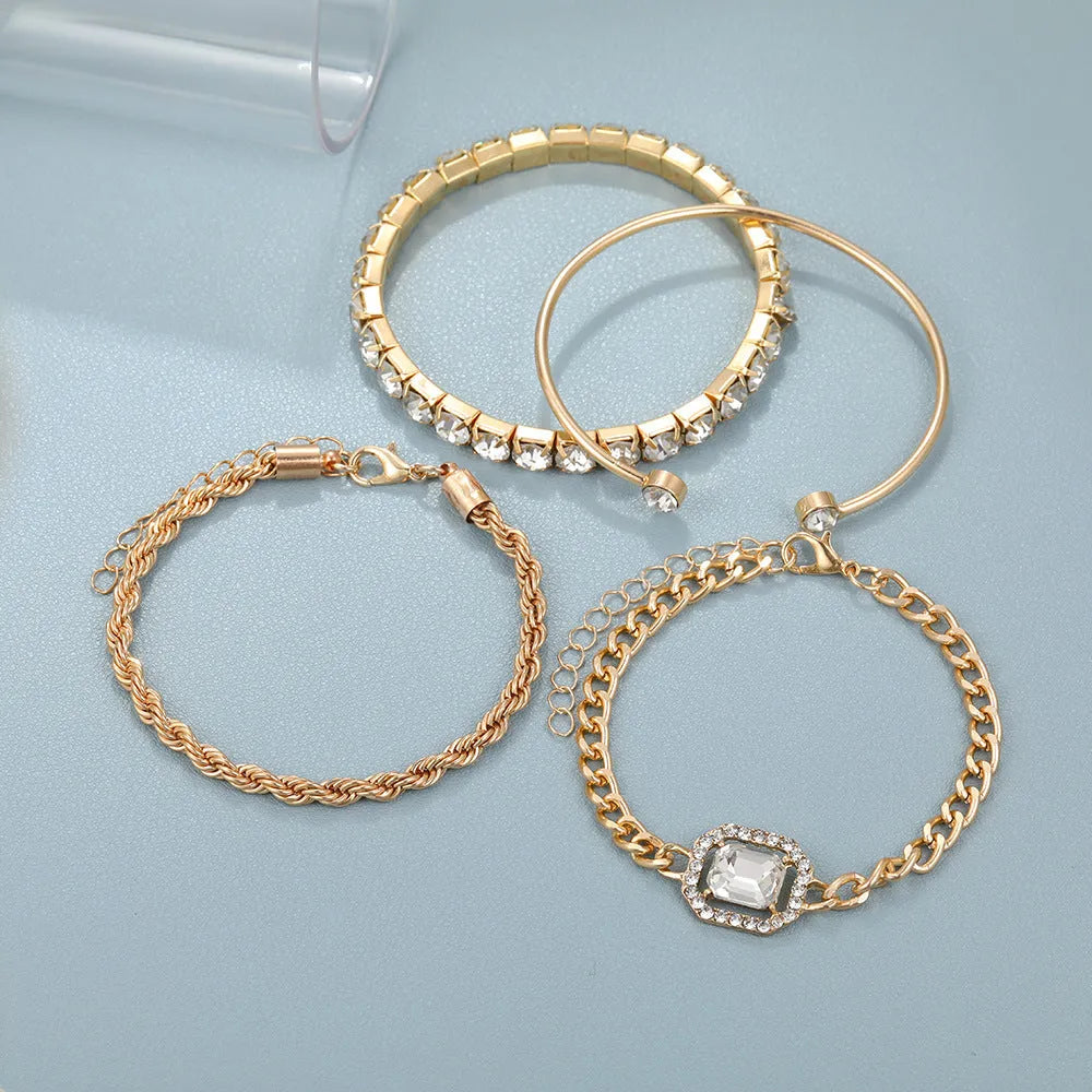 Set of 4 crystal bracelets - bohemian design, adjustable alloy, rhinestones, women's jewelry