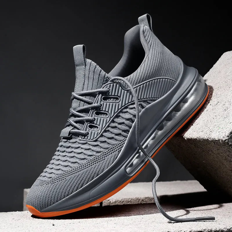 Men's black mesh running shoes with rubber sole and lace-up front