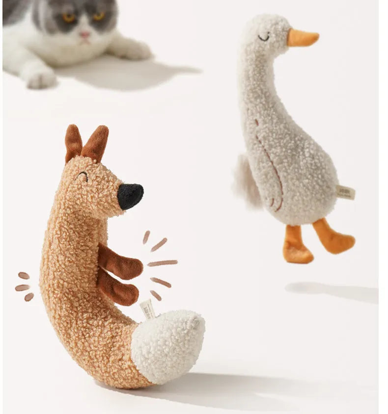Cartoon fox and duckling pet chew toys with sound paper inside, made from teddy velvet fabric