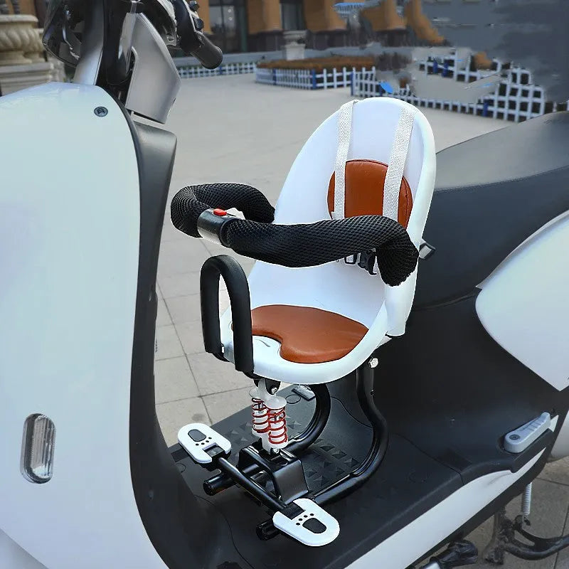 Front-mounted black child safety seat for an electric scooter, showing high carbon steel frame.