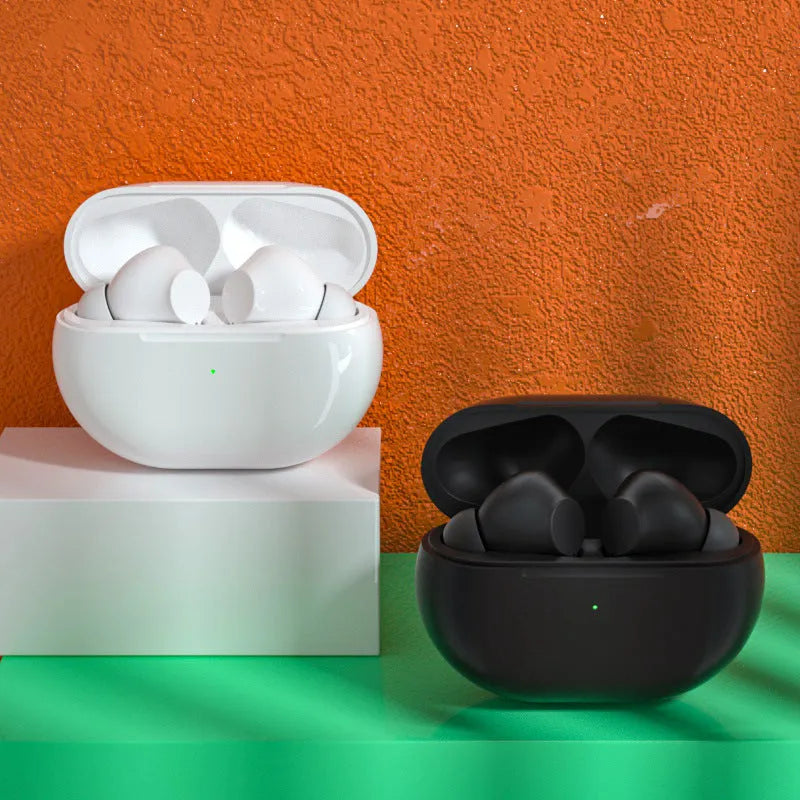 Pro4 black and white wireless Bluetooth earbuds with charging case and cable.
