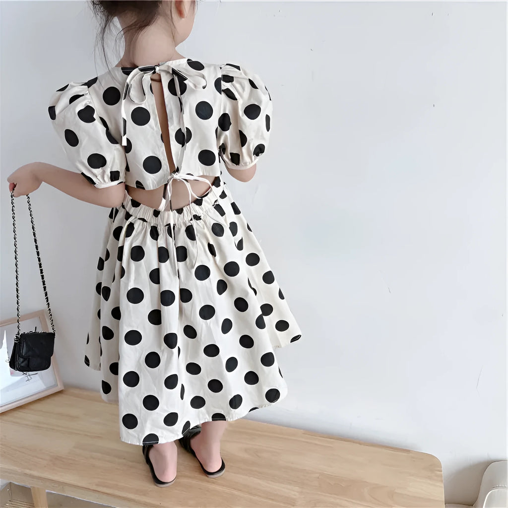 Girls' polka-dot self-tie waist cotton summer dress in graph colour with short sleeves and princess style