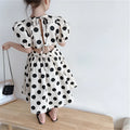 Girls' polka-dot self-tie waist cotton summer dress in graph colour with short sleeves and princess style