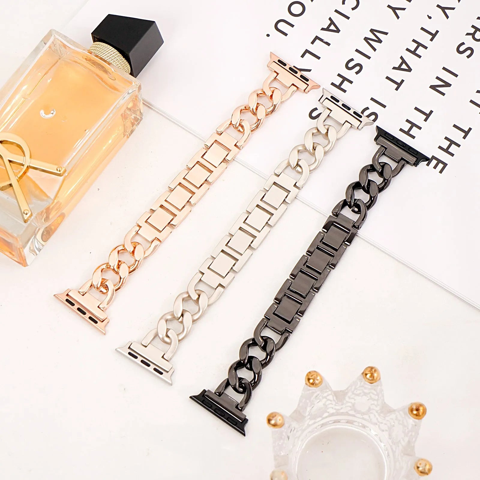 Denim chain metal Apple Watch strap in silver, black, gold, rose gold or Starlight colour options