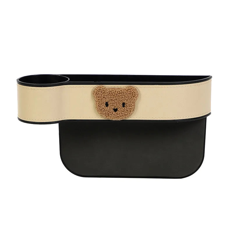 Leather car seat gap storage box with cartoon bear design for vehicle organisation
