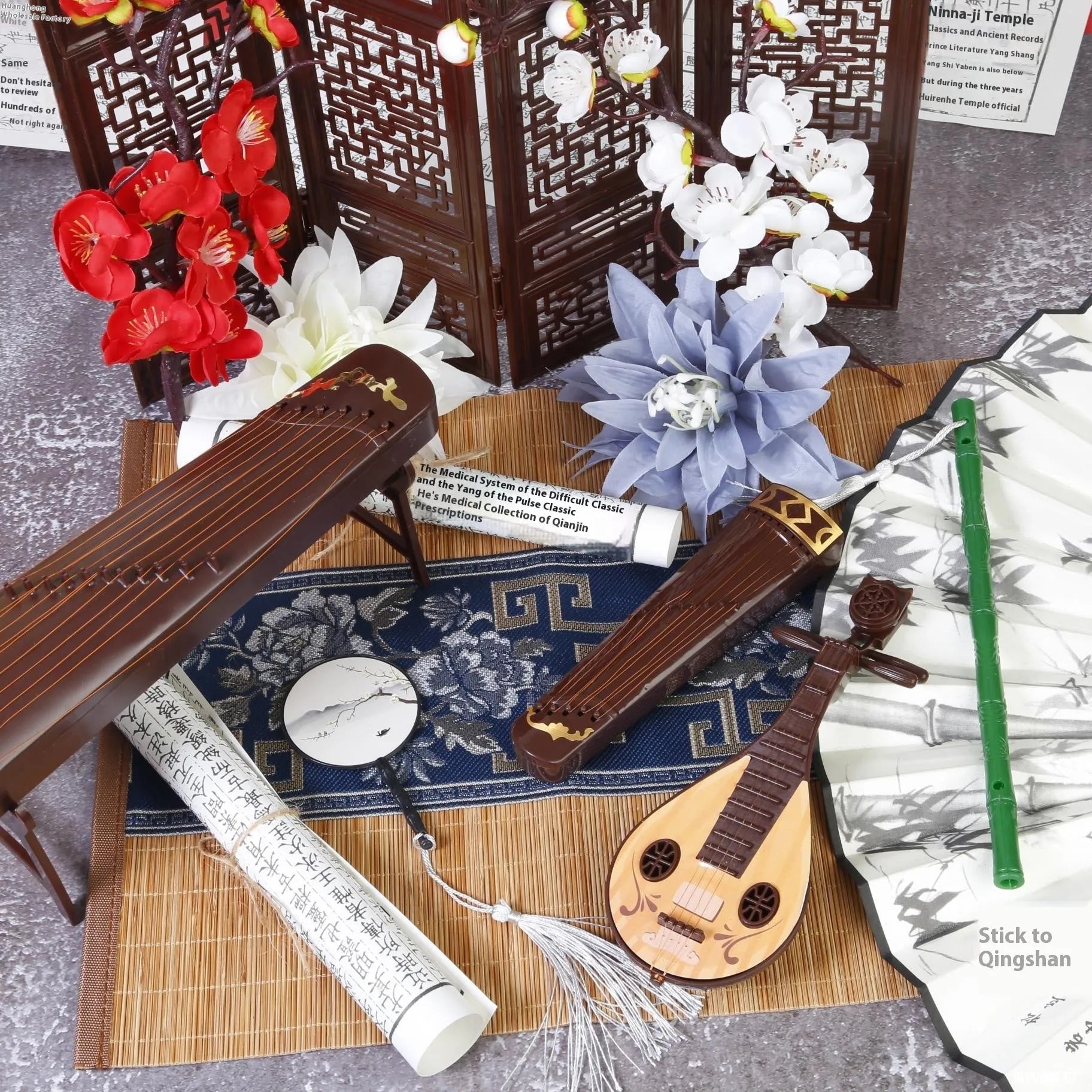 Golden Double Phoenix simulation plastic pipa prop 64.5cm with handmade stickers for Dunhuang dance