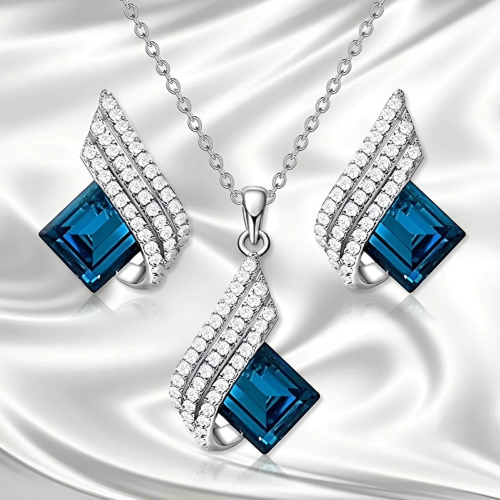 Glass pendant necklace with cross chain and matching electroplated alloy ear studs jewellery set