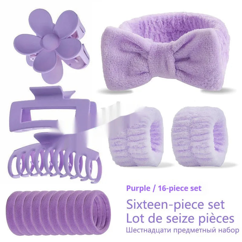 16-piece bow washing face hair band set in assorted colours with plaid pattern on OPP packaging