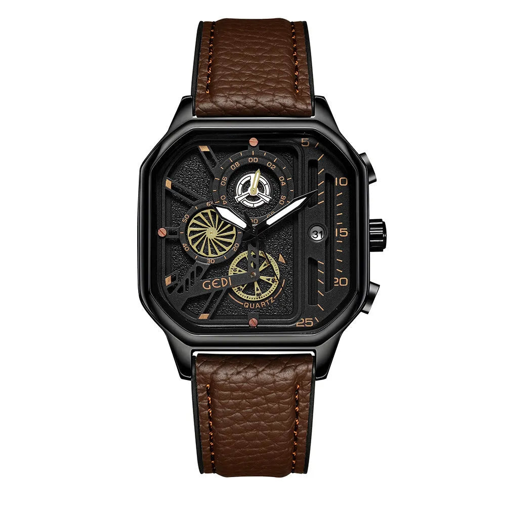 Men's waterproof quartz watch with black silicone strap and luminous dial