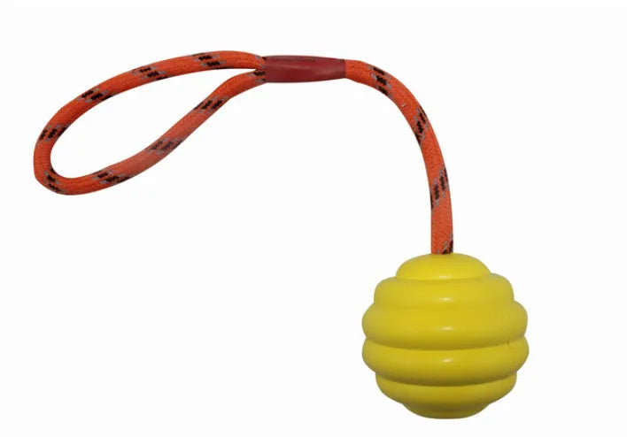 Rubber dog ball with rope knot in blue colour showing textured surface