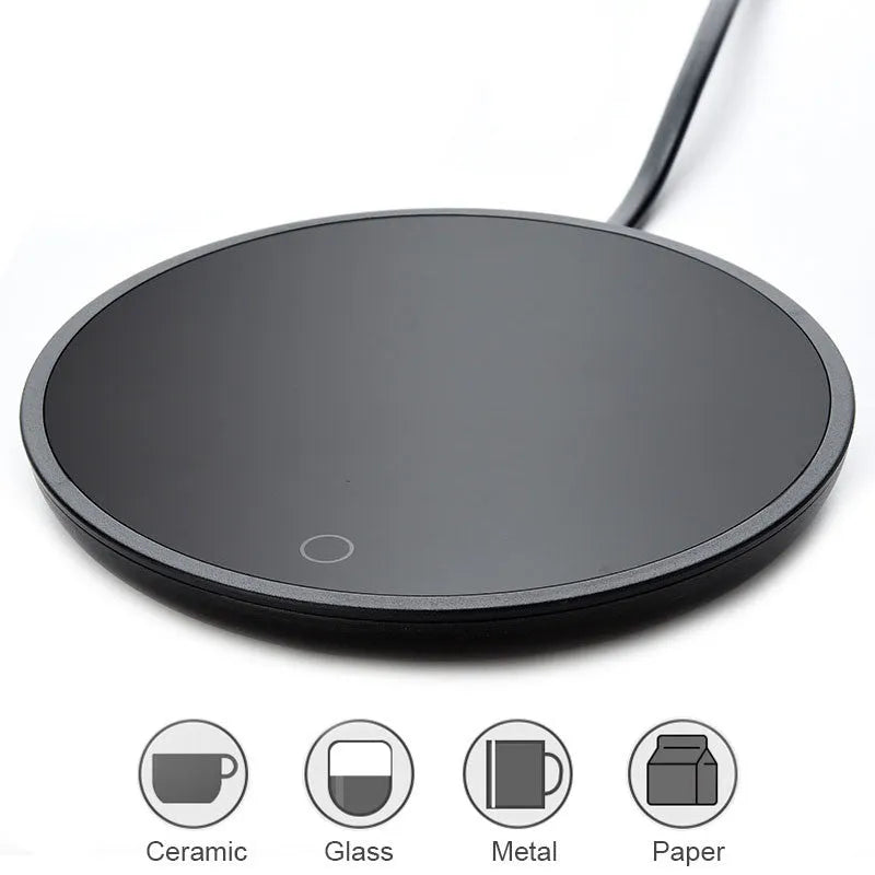 Black circular cup warmer with temperature control buttons on side