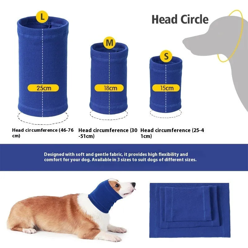 A blue polyester headband scarf for a dog, shown in a casual style.