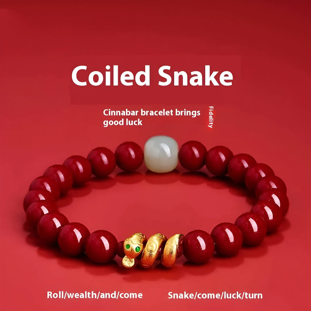 Handmade Chinese cinnabar Snake zodiac bracelet with roll snake beads in 6mm or 8mm sizes.