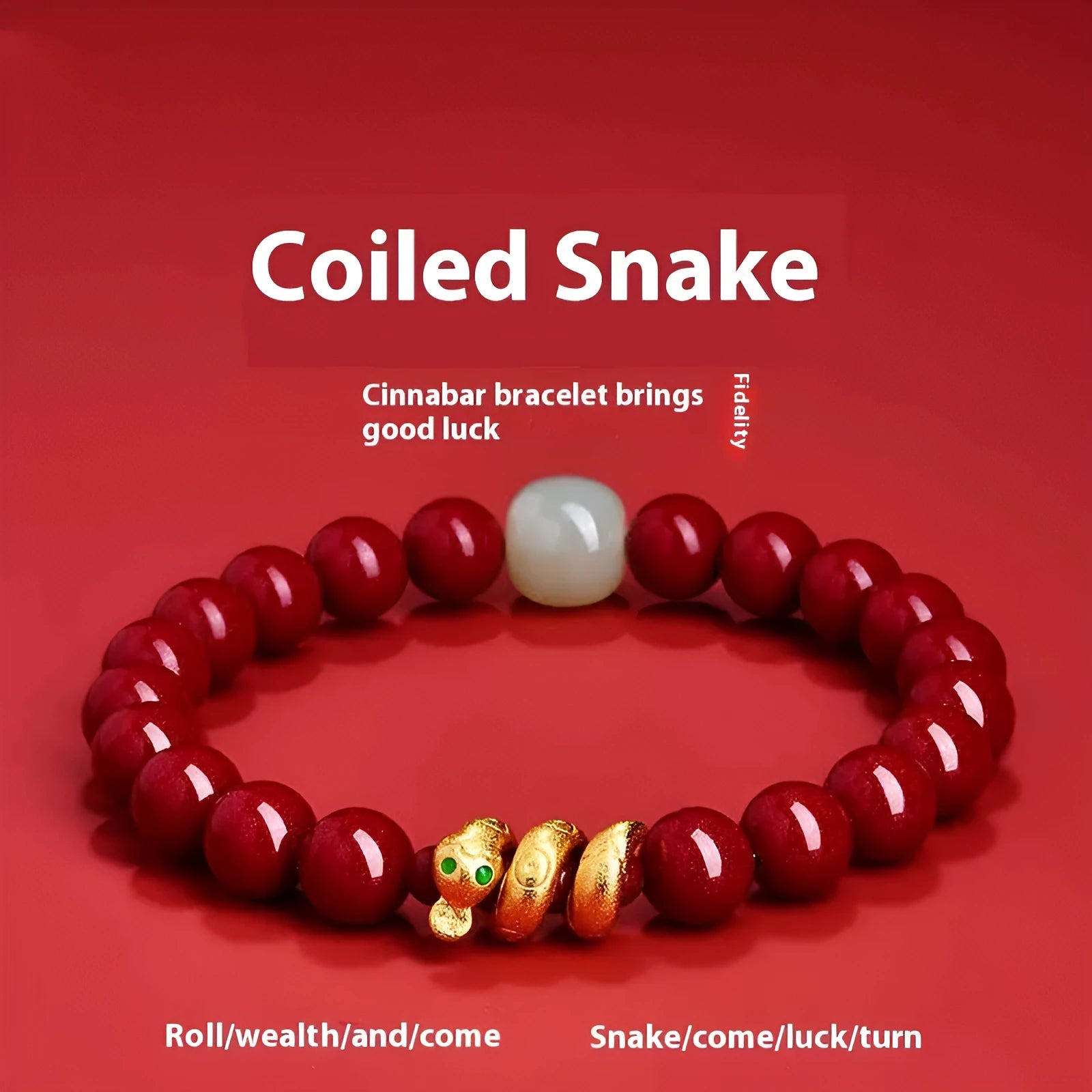 Handmade Chinese cinnabar Snake zodiac bracelet with roll snake beads in 6mm or 8mm sizes.