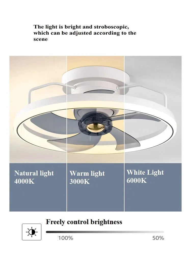 Modern ceiling fan lamp with integrated light, 500mm diameter with white acrylic shade and PC blades.