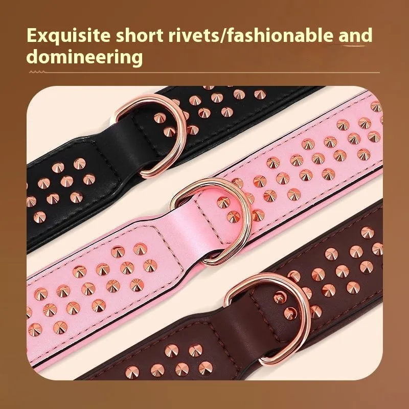 Leather dog collar with anti-bite rivets in black, chocolate, or pink colour options