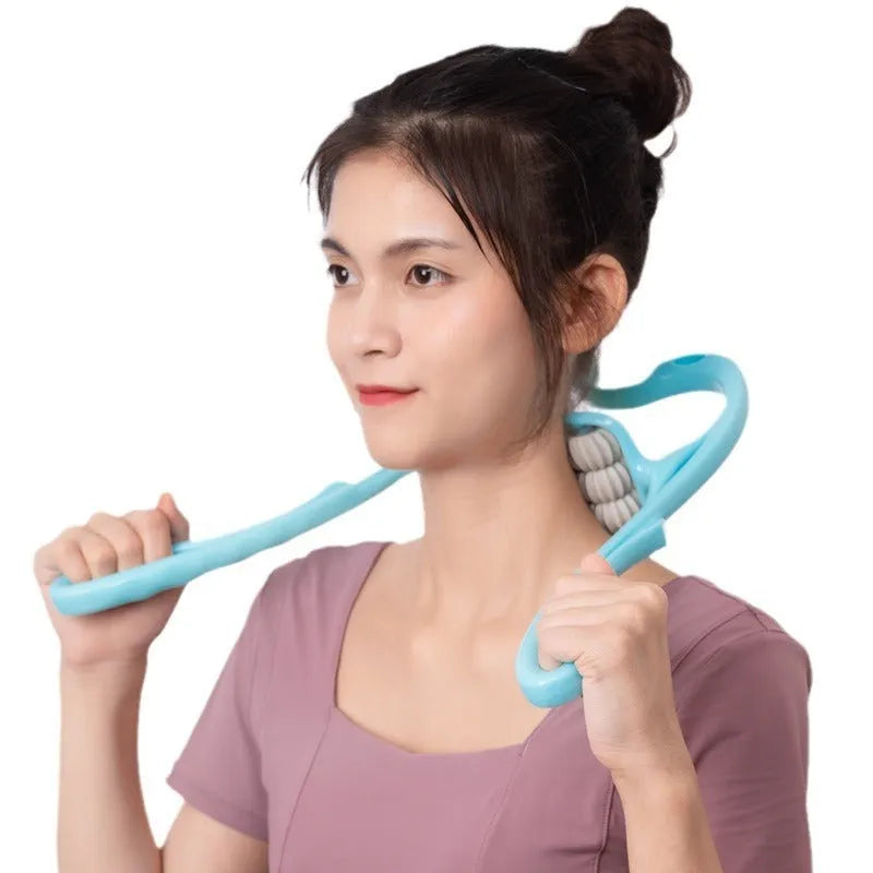 Blue plastic handheld massager with six black rollers for neck, shoulder, and back.