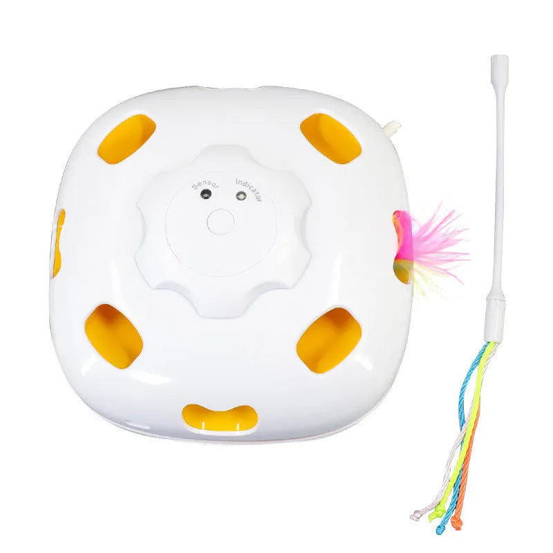 Colourful plastic cat toy with built-in teaser wand measuring 19.8 x 11.5 x 19.5cm