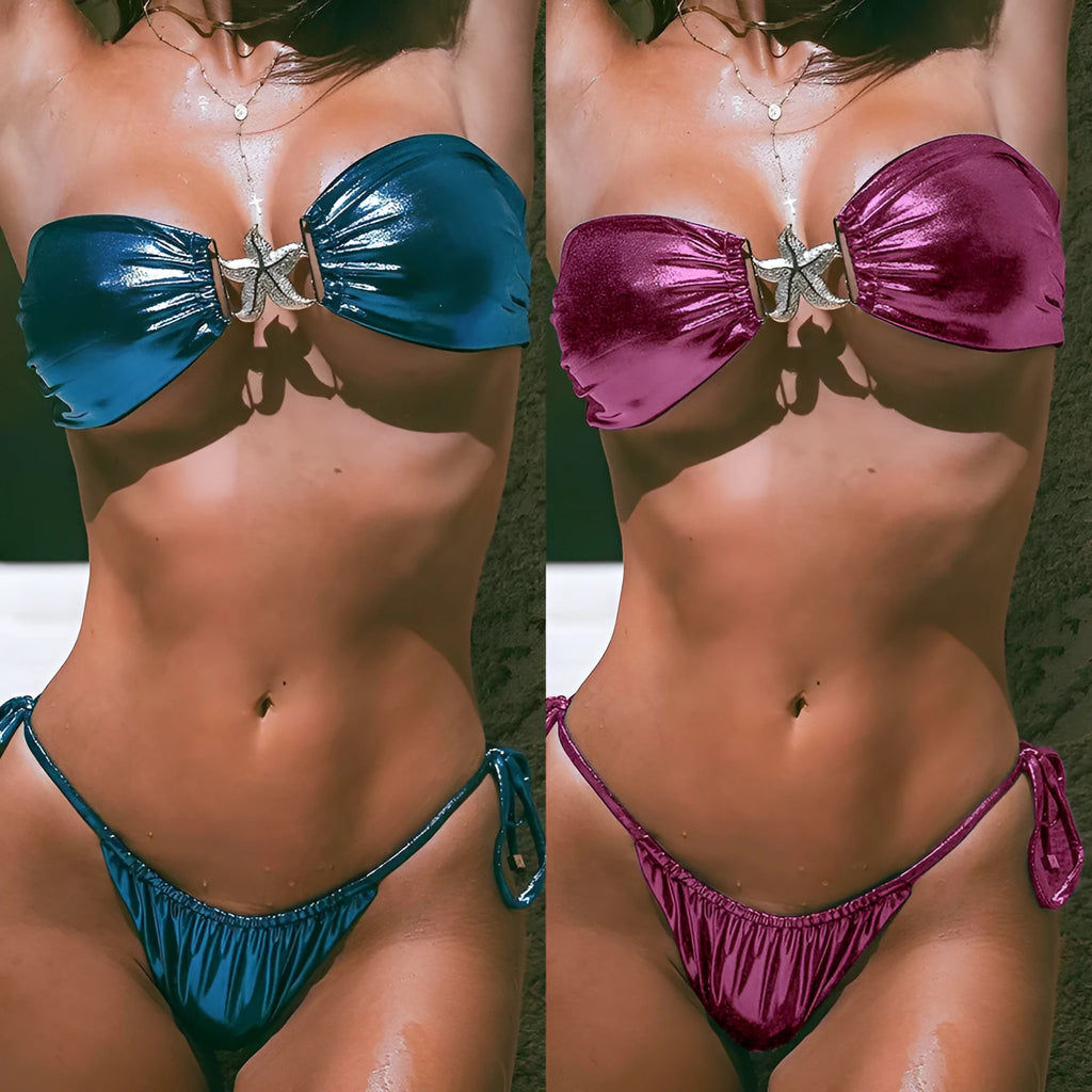 Women's sapphire blue glossy bikini with split tube top and gold starfish print.