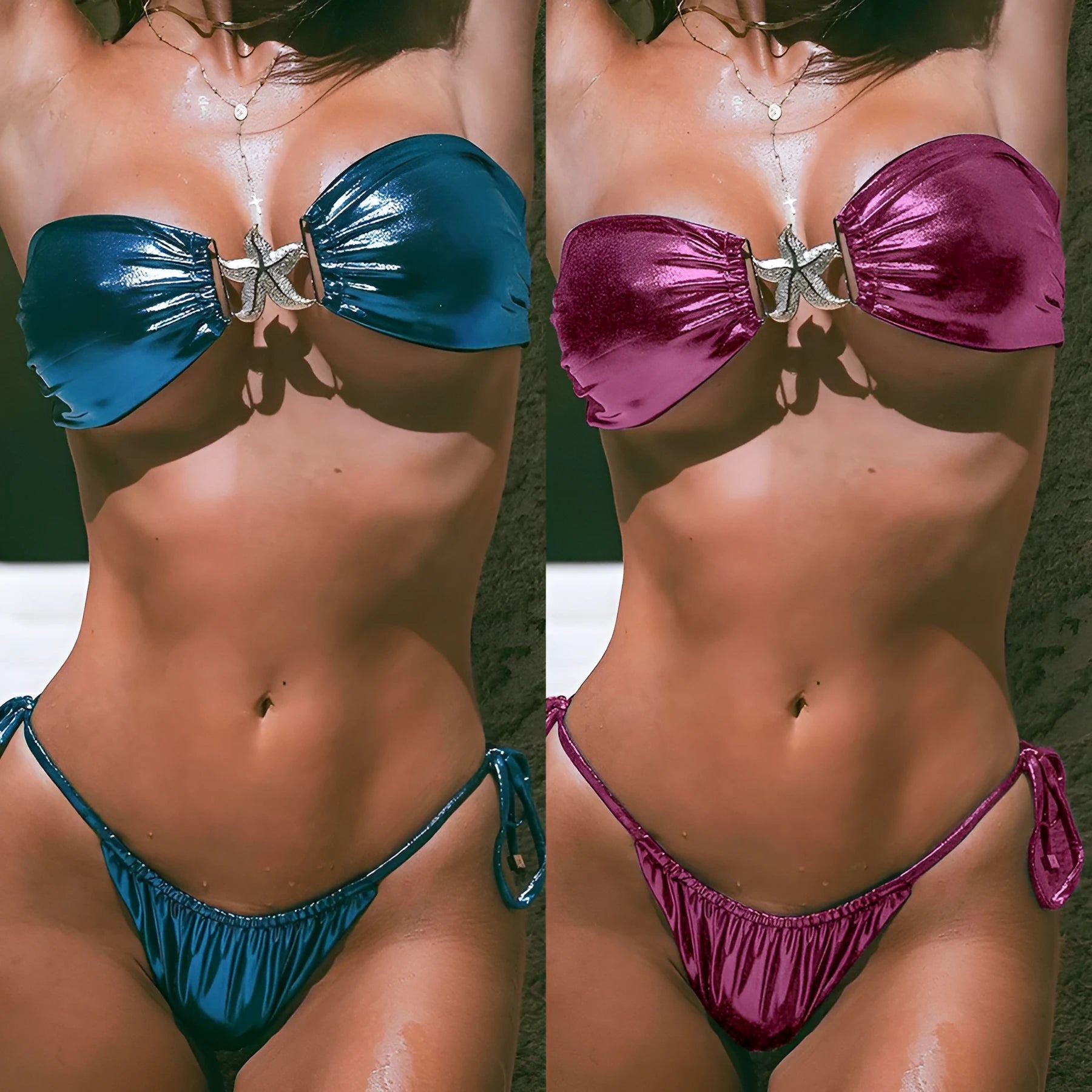 Women's sapphire blue glossy bikini with split tube top and gold starfish print.