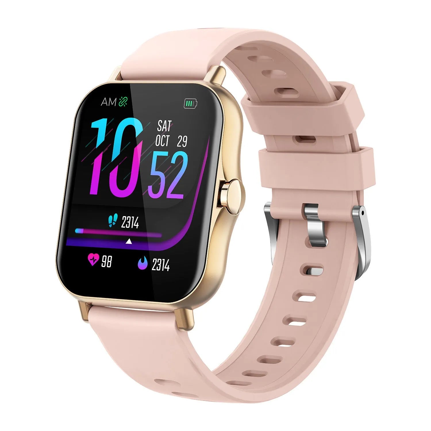 W10 smart watch displaying heart rate and blood pressure metrics on 1.75-inch curved touch screen