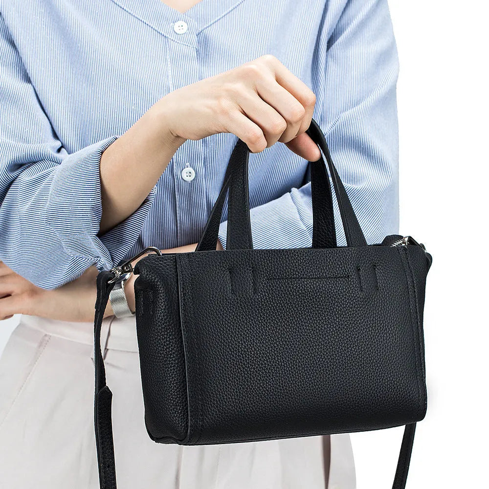 Genuine leather handbag shoulder crossbody in black, first layer cowhide, horizontal square shape