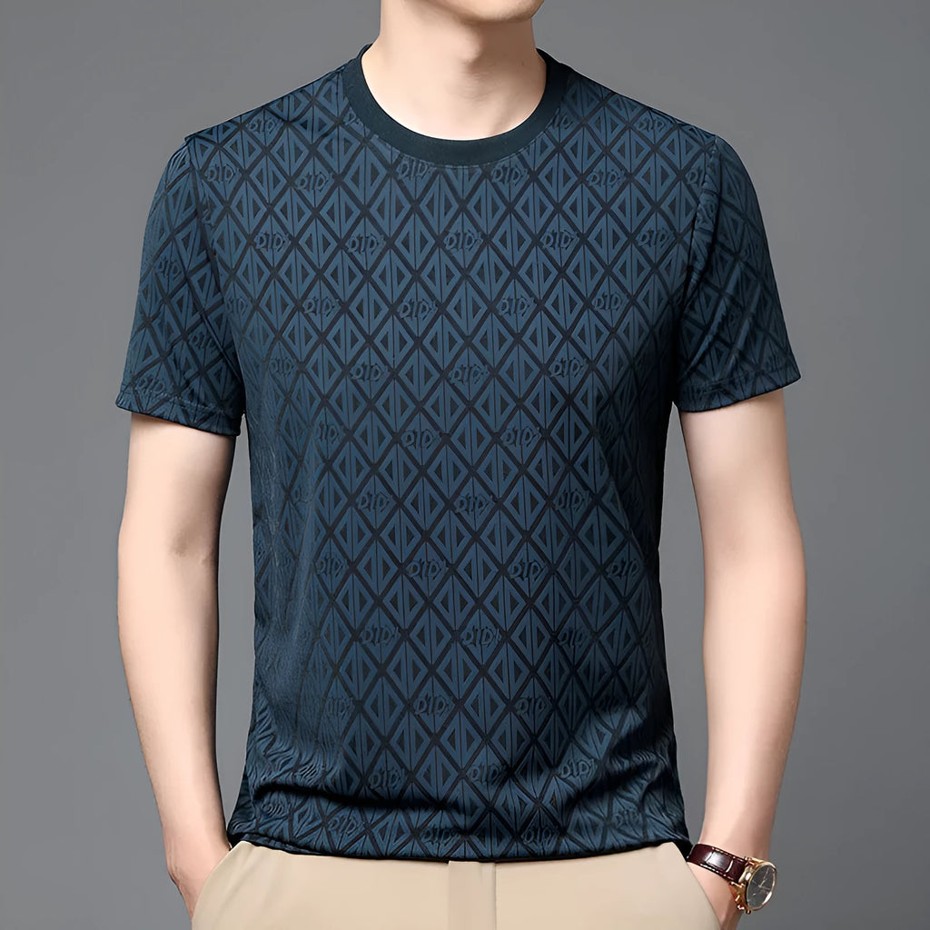 Men's loose fit ice silk polyester short sleeve t-shirt in black, shown on a hanger.