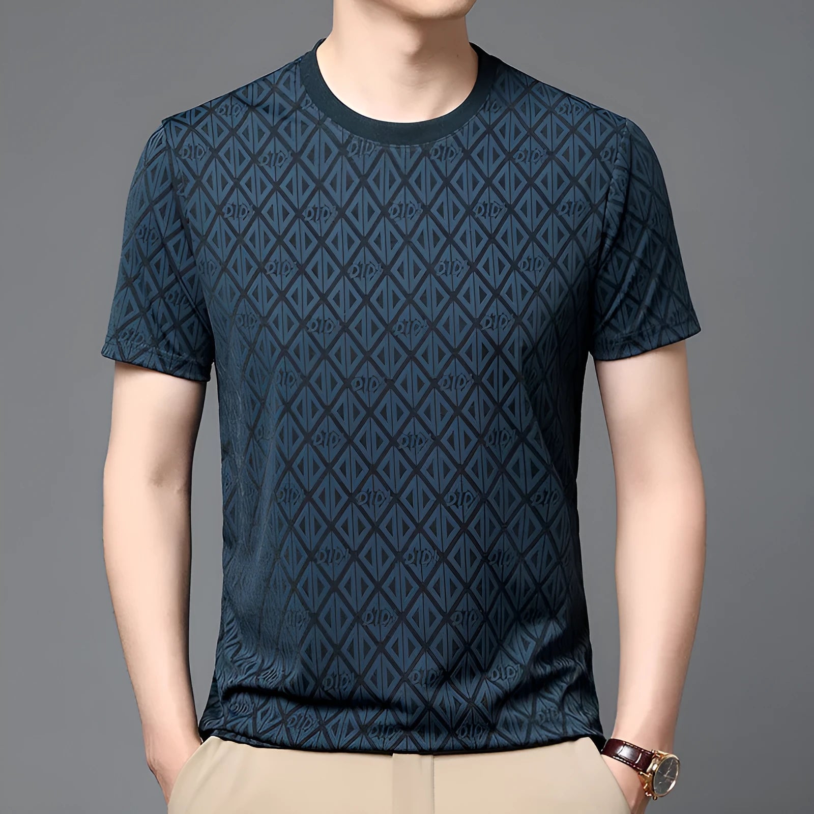 Men's loose fit ice silk polyester short sleeve t-shirt in black, shown on a hanger.