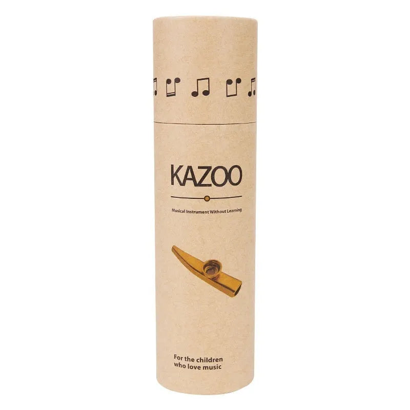 Metal kazoo in Flame Red with paper tube against a white background
